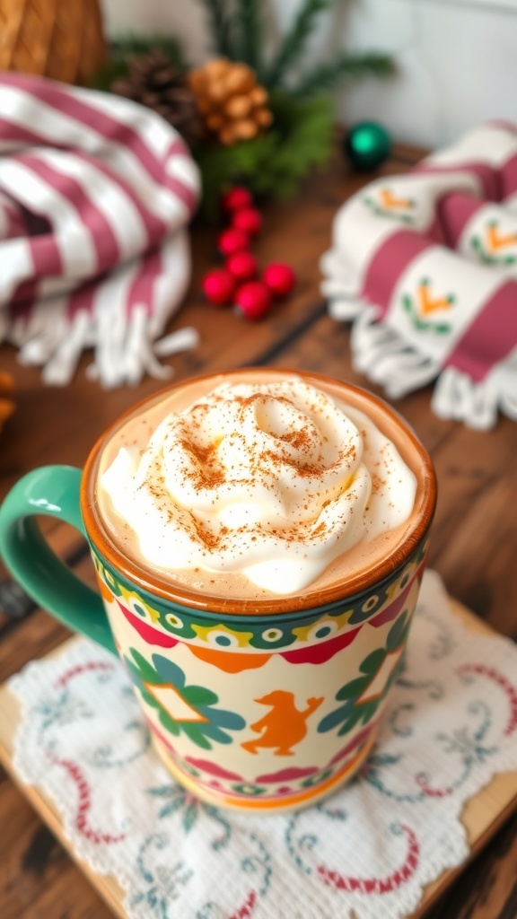 A cup of Mexican hot cocoa topped with whipped cream and cinnamon on a rustic table.